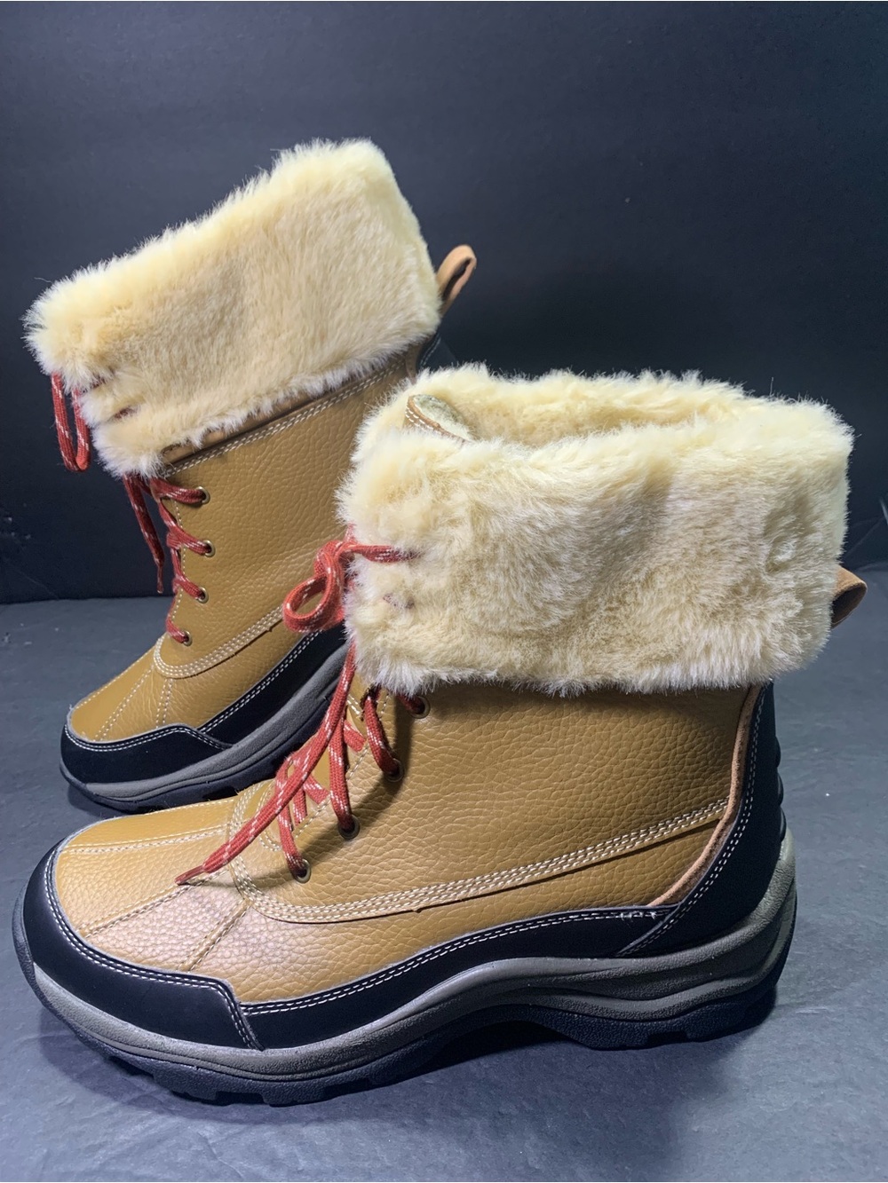 Clark Mazlyn Artic Winter Boots Tan Leather Faux Fur Collar Size- 11